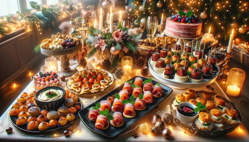 A-sensational-and-luxurious-Christmas-party-food-spread-is-laid-out-on-a-beautifully-decorated-table.-The-table-is-adorned-with-festive-decorations