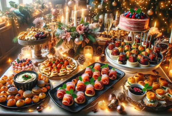 A-sensational-and-luxurious-Christmas-party-food-spread-is-laid-out-on-a-beautifully-decorated-table.-The-table-is-adorned-with-festive-decorations